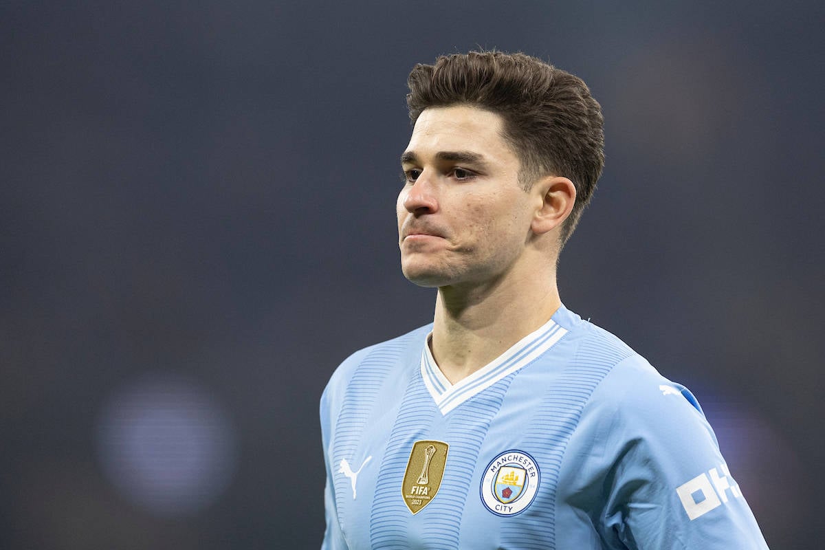 MANCHESTER, ENGLAND - Wednesday, March 6, 2024: Manchester City's Julian Alvarez during the UEFA Champions League Round of 16 2nd Leg match between Manchester City FC and FC Copenhagen at the City of Manchester Stadium. (Photo by Paul Currie/Propaganda)