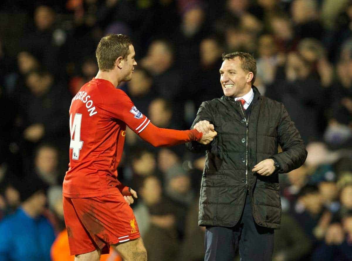 LONDON, ENGLAND - Wednesday, February 12, 2014: Liverpool's manager Brendan Rodgers celebrates his side's dramatic 3-2 victory over Fulham with Jordan Henderson during the Premiership match at Craven Cottage. (Pic by David Rawcliffe/Propaganda)