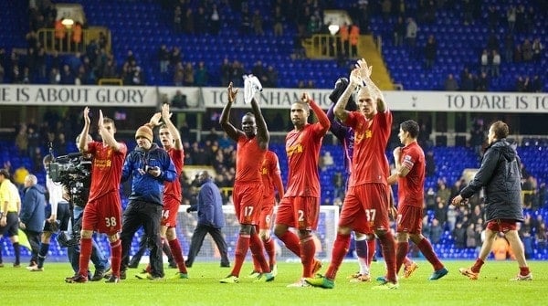 LONDON, ENGLAND - Sunday, December 15, 2013: Liverpool's players applaud the travelling supporters after the 5-0 victory over Tottenham Hotspur during the Premiership match at White Hart Lane. (Pic by David Rawcliffe/Propaganda)