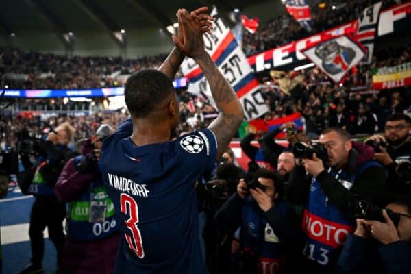 PARIS, FRANCE - FEBRUARY 19: Presnel Kimpembe of Paris Saint-Germain celebrates with the fans after the team's victory during the UEFA Champions League 2024/25 League Knockout Play-off Second Leg match between Paris Saint-Germain and Stade Brestois 29 at Parc des Princes on February 19, 2025 in Paris, France. (Photo by Dan Mullan - UEFA/UEFA via Getty Images)