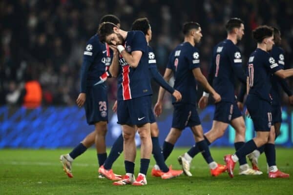 PARIS, FRANCE - FEBRUARY 19: Khvicha Kvaratskhelia of Paris Saint-Germain celebrates scoring his team's second goal during the UEFA Champions League 2024/25 League Knockout Play-off Second Leg match between Paris Saint-Germain and Stade Brestois 29 at Parc des Princes on February 19, 2025 in Paris, France. (Photo by Dan Mullan - UEFA/UEFA via Getty Images)