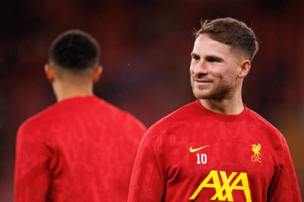 LIVERPOOL, ENGLAND - Wednesday, September 25, 2024: Alexis Mac Allister of Liverpool warms up prior to the Football League Cup 3rd Round match between Liverpool FC and West Ham United FC at Anfield. (Photo by Ryan Brown/Propaganda)