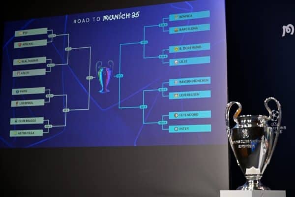 NYON, SWITZERLAND - FEBRUARY 21: The draw results are seen on the screen during the UEFA Champions League 2024/25 Round of 16, Quarter-finals And Semi-finals Draw at the UEFA Headquarters, The House of the European Football, on February 21, 2025 in Nyon, Switzerland (Photo by Kristian Skeie - UEFA/UEFA via Getty Images)