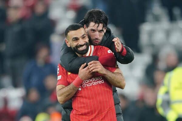 Liverpool's Mohamed Salah and Dominik Szoboszlai (right)after the UEFA Champions League, league stage match at Anfield, Liverpool. Picture date: Tuesday January 21, 2025.