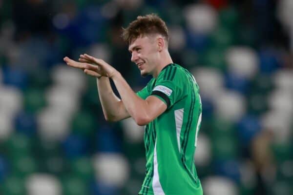 Northern Ireland's Conor Bradley celebrates with the fans after the UEFA Nations League, Group C3 match at Windsor Park, Belfast. Picture date: Thursday September 5, 2024.