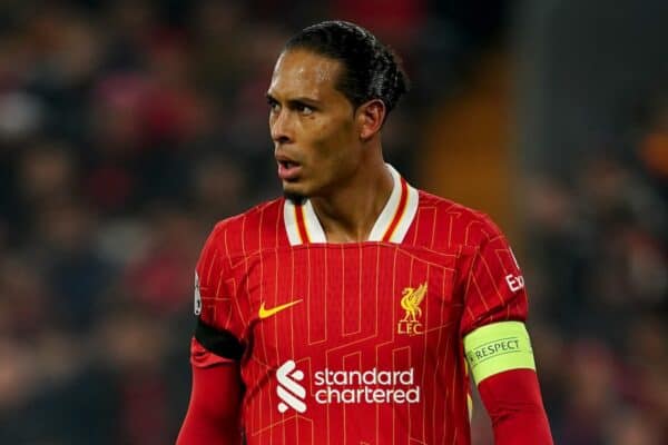 Liverpool's Virgil van Dijk during the UEFA Champions League, league stage match at Anfield, Liverpool. Picture date: Tuesday November 5, 2024.