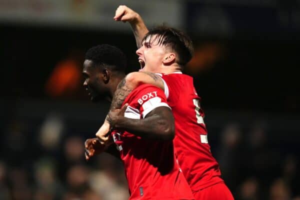 Emmanuel Latte Lath, left, celebrates his goal with Ben Doak (John Walton/PA)