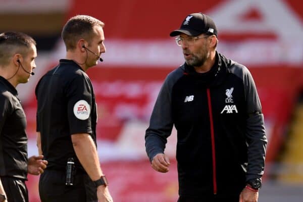 Liverpool's manager Jurgen Klopp (right) with match referee David Coote (centre) after the final whistle during the Premier League match at Anfield Stadium, Liverpool. PA Photo. Issue date: Saturday July 11, 2020. See PA story SOCCER Liverpool. Photo credit should read: Oli Scarff/NMC Pool/PA Wire. RESTRICTIONS: EDITORIAL USE ONLY No use with unauthorised audio, video, data, fixture lists, club/league logos or "live" services. Online in-match use limited to 120 images, no video emulation. No use in betting, games or single club/league/player publications.