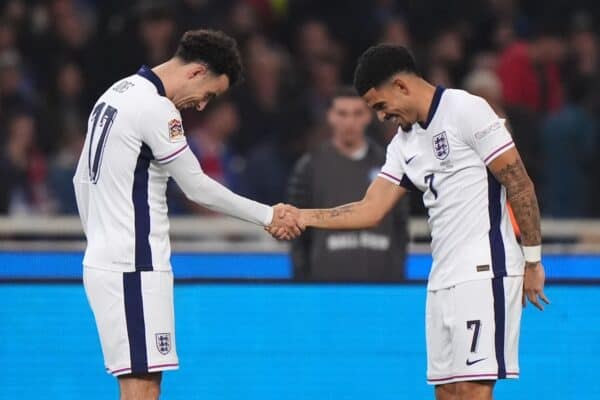 England's Curtis Jones (left) celebrates with team-mate Morgan Gibbs-White after scoring their side's third goal of the game during the UEFA Nations League Group B2 match at the Athens Olympic Stadium in Greece. Picture date: Thursday November 14, 2024.