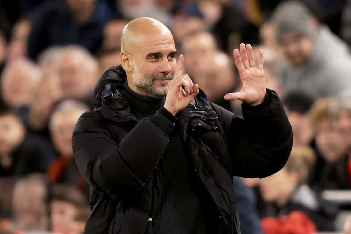 Pep Guardiola reminded the Liverpool fans how many Premier League titles he has won. Liverpool vs. Man City. December 1, 2024 at Anfield. (Ian Hodgson/AP)