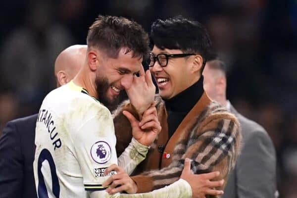 Tottenham Hotspur's Rodrigo Bentancur speaks to Son Heung-min at the end of the Premier League match at the Tottenham Hotspur Stadium, London. Picture date: Saturday November 12, 2022.