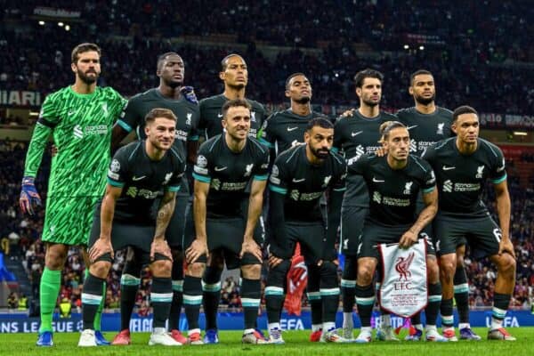 MILAN, ITALY - Tuesday, September 17, 2024: Liverpool players line-up for a team group photograph before the UEFA Champions League game between AC Milan and Liverpool FC at the Stadio San Siro. (Pic by David Rawcliffe/Propaganda)